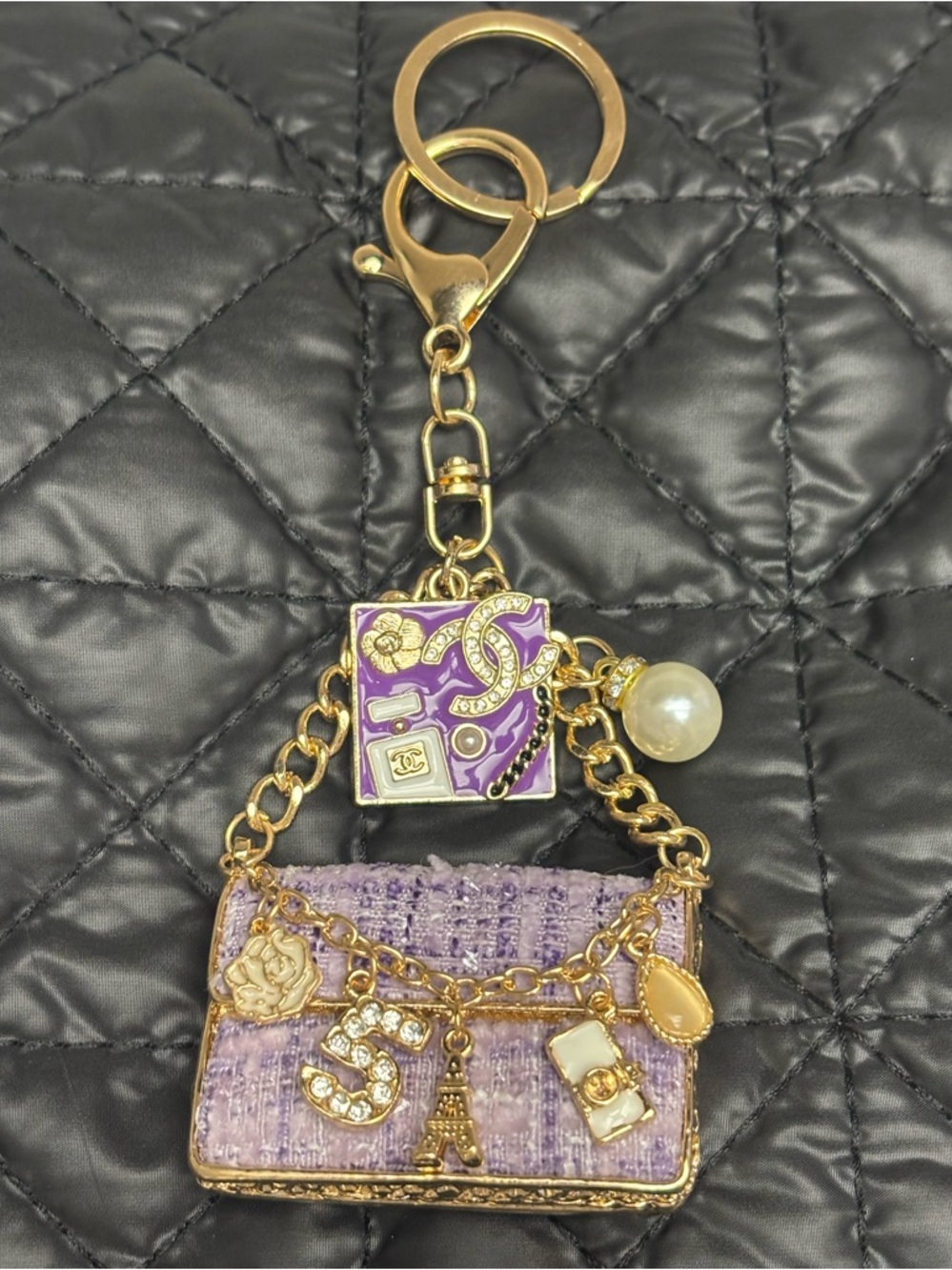 CC Chanel Bag Charm, Upcycled Chanel Purple Enamel Zipper Pull 5.25 inches - Picture 2 of 7